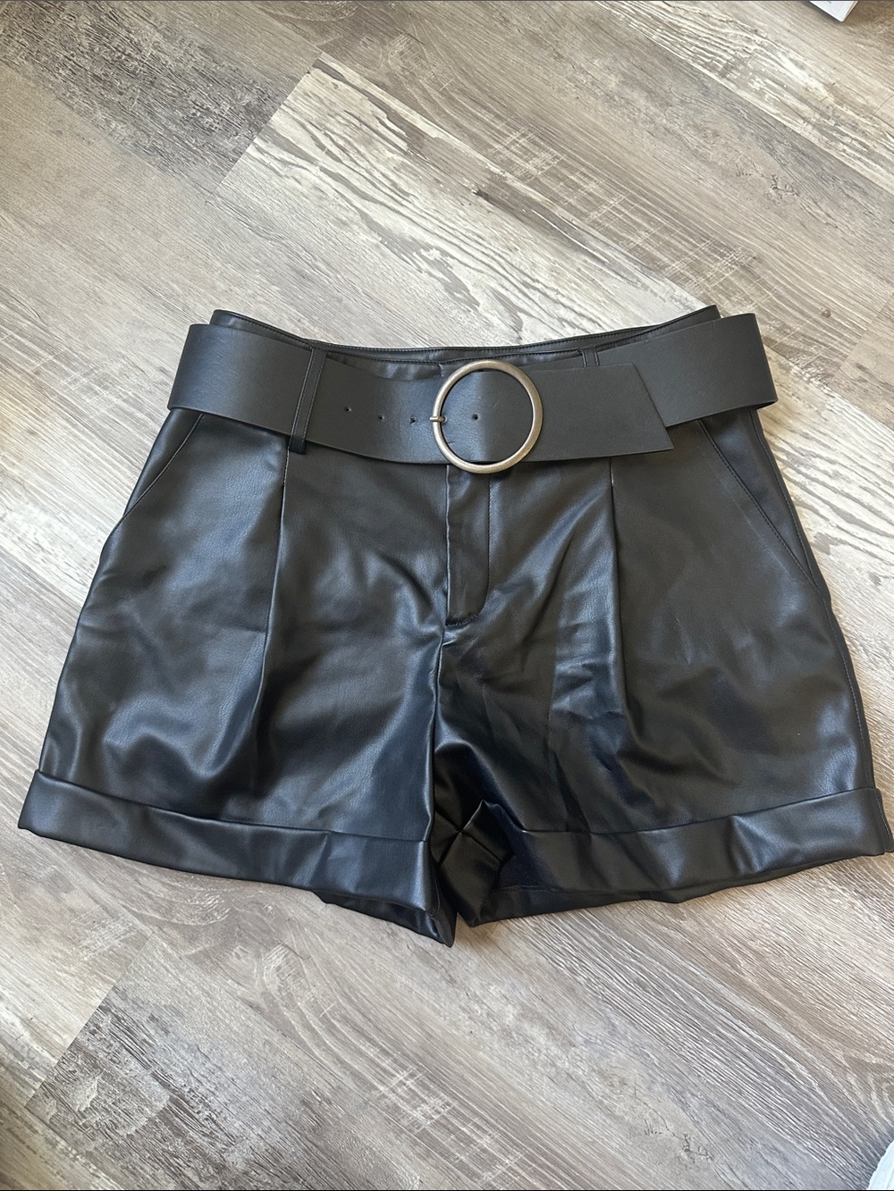 Mango Black Faux Leather Shorts with Wide Ring Belt